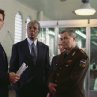 (Left to right) Ben Affleck as Jack Ryan, Morgan Freeman as DCI William Cabot and Lev Prygounov as General Saratkin in  