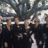 The members of the U.K.'s Women's Institute - Cora (Linda Bassett, left), Annie Clark (Julie Walters, second from left), Celia (Celia Imrie, third from left), Jessie (Annette Crosby, third from right), Chris Harper (Helen Mirren, second from right), and Ruth (Penelope Wilton, right), raise eyebrows - among other things - when they pose nude in their annual fundraising calendar