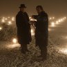 Still of Hugh Jackman and Christopher Nolan in The Prestige